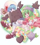  2girls :3 :d bangs blue_eyes blue_hair blush bow brown_cape brown_dress brown_eyes cape chocolate commentary_request cowlick demon deviruchi deviruchi_hat dress eyebrows_visible_through_hair full_body fur-trimmed_cape fur_trim green_hair hair_between_eyes hat heart heart_background high_priest_(ragnarok_online) high_wizard_(ragnarok_online) hizukiryou juliet_sleeves long_sleeves looking_at_viewer multiple_girls open_mouth puffy_sleeves ragnarok_online red_dress sash shoes short_dress short_hair smile thighhighs two-tone_dress white_background white_bow white_dress white_legwear white_sash 