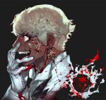  1boy blonde_hair blood blood_splatter copyright_request crazy_eyes dark_skin dark_skinned_male earrings from_side gloves grey_background hand_up jewelry long_sleeves male_focus open_mouth pigeon666 profile red_eyes short_hair simple_background smile solo white_gloves wide-eyed 