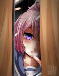  1girl aoba_(kancolle) blush commentary_request kantai_collection kyouran_souryuu looking_at_viewer purple_eyes purple_hair smile water_drop window yandere 