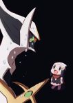  1girl :d arceus beanie black_background chibi dawn_(pokemon) hamachamu hat highres pokemon pokemon_(creature) pokemon_(game) pokemon_bdsp red_scarf scared scarf simple_background smile sweat sweating_profusely 