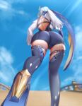  1girl ass back black_legwear black_leotard blue_cape blue_hair blue_sky breasts cape eula_(genshin_impact) genshin_impact hair_ornament high_heels highres kariza large_breasts leotard long_sleeves medium_hair sky thighhighs thighs 