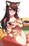  1girl animal_ears azur_lane bangs black_hair blue_eyes blush breasts cake cat_ears cleavage collarbone commentary_request eyebrows_visible_through_hair feeding food fusou_(azur_lane) fusou_(fluffy_helpmate)_(azur_lane) large_breasts long_hair long_sleeves looking_at_viewer naked_sweater off-shoulder_sweater off_shoulder official_alternate_costume open_mouth ribbed_sweater room sayossa_(pak-front) smile solo sweater swept_bangs 