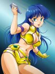  1girl belt blue_eyes blue_hair breasts cleavage commentary_request dirty_pair earrings gloves highres jewelry large_breasts long_hair midriff navel retro_artstyle short_shorts shorts single_glove smile solo tamanegiinyo weapon yellow_shorts yuri_(dirty_pair) 