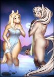 5_fingers anthro blonde_hair blue_eyes breasts detailed_background equid equine eyebrows eyelashes f-r95 female fingers hair hi_res horse mammal night nude outside partially_submerged sky star starry_sky towel yellow_eyes 