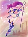 1980s_(style) 1girl armor asagiri_youko bikini_armor boots commentary_request earrings genmu_senki_leda greaves highres jewelry knee_boots long_hair navel open_mouth partial_commentary pauldrons purple_eyes purple_hair retro_artstyle shoulder_armor side_ponytail solo staff tamanegiinyo vambraces 