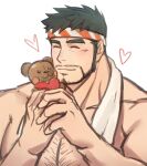  1boy bara beard black_hair blush chest_hair closed_eyes facial_hair gyee headband holding holding_stuffed_toy ina_zuma large_pectorals male_focus mature_male muscular muscular_male naked_towel pectorals short_hair sig_(gyee) solo stuffed_animal stuffed_toy teddy_bear towel towel_around_neck 