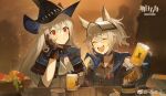  2girls absurdres arknights bangs bear beer_glass black_gloves black_headwear blue_gloves bow bowtie closed_eyes cup food fruit glass gloves grani_(arknights) hair_between_eyes hat highres holding holding_cup jacket long_hair multiple_girls open_mouth police police_uniform ponytail red_eyes shirt silver_hair skadi_(arknights) smile sun_hat uniform upper_body yayako_(804907150) 