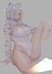  1girl animal_hood breasts cleavage commentary grey_background hair_over_one_eye highres hood large_breasts leg_up looking_at_viewer original remomon0 shadow short_hair silver_eyes silver_hair simple_background sitting socks solo sunlight thick_thighs thighs tiger_hood white_legwear 