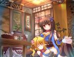  2girls bell blonde_hair blue_kimono bonsai breasts brown_eyes brown_hair brown_legwear brown_sash bunny cleavage cup floral_print flower folding_screen hair_bell hair_flower hair_ornament hanging_scroll hizukiryou indoors japanese_clothes jingle_bell kimono lap_pillow lunatic_(ragnarok_online) medium_breasts multiple_girls ninja_(ragnarok_online) obi petting pink_flower plant pointy_ears ragnarok_online red_scarf sash scarf scroll senbei shouji shuriken_hair_ornament sliding_doors table thighhighs vambraces yunomi 