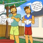  1:1 anthro backyard bottomwear briefs canid canine canis clothed clothes_line clothing coyote dialogue duo english_text facial_hair father father_and_child father_and_son fully_clothed fuze goatee hi_res holding_clothing holding_object holding_underwear male mammal mond_reyes outside parent parent_and_child shirt shorts son t-shirt tank_top texnatsu text tighty_whities topwear underwear white_clothing white_underwear 