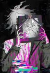  1boy bangs black_background black_bow blood bloody_clothes bloody_hands bow broken_glass danganronpa_(series) danganronpa_2:_goodbye_despair glass glitch green_jacket grey_hair hands_up highres holding iei jacket komaeda_nagito long_sleeves looking_at_viewer male_focus messy_hair off_shoulder open_clothes open_jacket pink_blood shirt short_hair solo unmyeong upper_body white_hair 