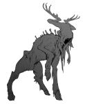  antlers dripping greyscale highres hooves horror_(theme) monochrome monster no_humans shaded_face simple_background slugbox spine the_ritual white_background 