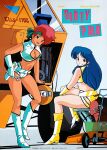  1980s_(style) 2girls blue_eyes blue_hair boots copyright_name dark_skin dark_skinned_female dirty_pair earrings gloves headband high_heels holding holding_wrench holster jewelry kei_(dirty_pair) knee_boots long_hair looking_at_viewer multiple_girls navel official_art open_mouth red_eyes red_hair retro_artstyle short_hair single_glove sitting smile standing wrench yuri_(dirty_pair) 