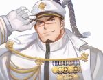  1boy bara black_hair brown_eyes facial_hair forked_eyebrows goatee hat highres ina_zuma kepi large_pectorals looking_at_viewer male_focus mature_male military military_hat military_uniform muscular muscular_male pectorals scar scar_on_face scar_on_nose short_hair sideburns smile solo tokyo_houkago_summoners undercut uniform upper_body yoritomo_(tokyo_houkago_summoners) 
