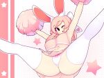  1girl ;d animal_ears armpits arms_up ass bare_arms breasts bunny_ears cheerleader commentary english_commentary eyebrows_visible_through_hair fiz_(fizintine) fizintine hair_ribbon halftone halftone_background heart highres jumping large_breasts long_hair looking_at_viewer no_pupils one_eye_closed open_mouth original panties pink_hair pink_skirt pleated_skirt pom_poms ribbon simple_background skirt smile solo star_(symbol) thick_thighs thighhighs thighs underboob underwear white_legwear white_panties white_ribbon 