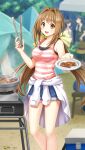  1girl :d bangs blue_shorts bow brown_eyes brown_hair clothes_around_waist collarbone denim denim_shorts doukyuusei_another_world floating_hair game_cg hair_bow hair_intakes holding holding_plate jacket jacket_around_waist kakyuusei_2 long_hair looking_at_viewer low_twintails official_art open_mouth plate saimon_tamaki shiny shiny_hair shirt short_shorts shorts sleeveless sleeveless_shirt smile solo_focus standing striped striped_shirt twintails very_long_hair white_jacket yellow_bow 