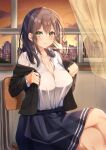 1girl absurdres blush breasts brown_hair chair cleavage commentary_request curtains green_eyes highres jacket large_breasts nagi_aoi original school school_uniform skirt skyline smile solo sunset undressing wind window 
