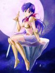  1girl arm_support armor asou_yuuko bikini_armor blue_background blue_eyes blue_hair boots breasts cleavage closed_mouth commentary_request dark_blue_hair full_body full_moon highres inomata_mutsumi_(style) knee_boots long_hair medium_breasts moon mugen_senshi_valis parody partial_commentary red_scarf scarf sitting skirt smile solo style_parody sword tamanegiinyo valis weapon white_skirt 