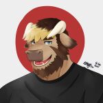  anthro beard black_clothing bovid bovine brown_body brown_fur cattle clothing dyed-hair emyr_minotaur eyebrows eyeless facial_hair floppy_ears fur green_eyes hair hi_res horn humanoid male mammal open_mouth simple_background smile solo 