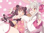  2girls :d animal_ears bare_shoulders between_breasts blade_(galaxist) blonde_hair blush bow breasts brown_eyes bunny_ears cat_ears character_name detached_sleeves eyepatch flower hair_bow hair_flower hair_ornament hands_up head_between_breasts large_breasts long_hair long_sleeves multiple_girls multiple_tails nekoyama_nae obi one_eye_covered open_mouth puffy_long_sleeves puffy_sleeves rectangular_mouth red_bow sash size_difference smile tail thighhighs toranoana two_tails white_legwear 