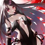 1girl absurdres bangs belt black_hair blood blood_on_face breasts cleavage fate/grand_order fate_(series) highres long_hair looking_at_viewer red_background red_eyes ribbon solo stomach takubon vampire very_long_hair yu_mei-ren_(fate) 