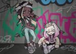  2girls black_hair black_shorts crop_top crown dark_skin dark_skinned_female domino_mask gradient_hair graffiti green_eyes green_hair headband jewelry long_hair long_sleeves marina_(splatoon) mask mole mole_under_eye multicolored_hair multiple_girls necklace octarian open_mouth pants pearl_(splatoon) pi_p_y pink_hair pink_pupils ring shoes short_hair shorts sitting sleeveless sneakers splatoon_(series) splatoon_2 splatoon_2:_octo_expansion standing tentacles white_hair yellow_eyes 