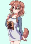  1girl animal_ears bone_hair_ornament braid breasts brown_eyes brown_hair collarbone dog_ears dog_girl dog_tail hair_between_eyes hair_ornament highres hololive inugami_korone large_breasts sabaku_chitai shirt solo tail toothbrush_in_mouth twin_braids virtual_youtuber 