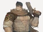  1boy abs antonio_(gyee) bandaged_arm bandages bara brown_hair brown_scarf chest_hair ear_piercing facial_hair goatee gun gyee hair_between_eyes holding holding_gun holding_weapon ina_zuma large_pectorals male_cleavage male_focus mature_male muscular muscular_male navel_hair partially_unbuttoned pectorals piercing scarf short_hair sideburns sleeves_rolled_up solo spiked_hair stomach upper_body weapon 