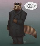  2017 4_toes 5_fingers abstract_background alternate_species anthro better_version_at_source black_bottomwear black_clothing black_coat black_hair black_nose black_pants black_shirt black_text black_topwear bottomwear brown_body brown_fur canid canine clothing coat dialogue dictator duster_coat english_text feet fingers fur furrification green_background hair hand_on_stomach hi_res kim_jong-un lavender_background male mammal meme multicolored_body multicolored_fur narrowed_eyes north_korea overweight overweight_anthro overweight_male pants pattern_background raccoon_dog shirt short_hair signature simple_background solo speech_bubble squint standing tanuki text toes topwear walt46 