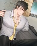  1boy bara black_jacket black_pants black_suit blush bulge collared_shirt formal full_service_(mazjojo) grey_shirt highres ina_zuma jacket large_pectorals looking_at_viewer male_cleavage male_focus muscular muscular_male necktie open_clothes open_jacket pants partially_unbuttoned pectorals rald_schwarz shirt short_hair sideburns solo suit undressing 