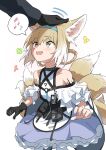  1girl 1other absurdres animal_ears arknights bag bare_shoulders beamed_eighth_notes black_gloves blonde_hair blue_hairband braid doctor_(arknights) drawdrawdeimos dress eyebrows_visible_through_hair fox_ears fox_girl fox_tail frilled_dress frills gloves green_eyes hair_rings hairband headpat highres infection_monitor_(arknights) kitsune multicolored_hair multiple_tails musical_note oripathy_lesion_(arknights) simple_background single_glove smile spoken_musical_note suzuran_(arknights) tail white_background 