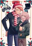  2boys :d arm_around_shoulder bangs black_hair black_sweater blue_pants blush bow brown_eyes brown_hair cheer_(cheerkitty14) christmas_ornaments christmas_sweater computer danganronpa:_trigger_happy_havoc danganronpa_(series) denim fujisaki_chihiro green_hoodie ground_vehicle hand_on_hip hat heart height_difference highres hood hoodie laptop light_brown_hair long_hair looking_at_another looking_up male_focus mario mario_(series) medium_hair motor_vehicle motorcycle multiple_boys oowada_mondo open_mouth otoko_no_ko pants pompadour red_bow red_scarf santa_hat scarf smile striped striped_scarf super_mario_bros. sweater symbol_commentary upper_teeth white_scarf yaoi 