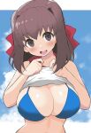  1girl absurdres bare_shoulders bikini blue_bikini blush breasts brown_eyes brown_hair cleavage cloud cloudy_sky eyebrows_visible_through_hair girls_und_panzer hair_ornament hair_ribbon highres kondou_taeko large_breasts lifted_by_self looking_at_viewer open_mouth ribbon shiny shiny_hair shirt_lift short_hair skindentation sky smile solo swimsuit swimwear upper_body yabai_gorilla 