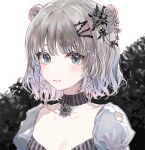  1girl bangs black_flower blush closed_mouth commentary_request double_bun earrings eyebrows_visible_through_hair flower grey_eyes grey_hair hair_flower hair_ornament hairclip jewelry looking_at_viewer original puffy_sleeves simple_background solo upper_body white_background yadapot 