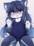  2021 4_fingers absurd_res anthro belly blue_eyes blush breasts canid canine clothing cute_fangs ear_tuft female fingers fox fur gradient_background grey_body grey_fur grey_hair hair hi_res kemono kneeling long_hair looking_at_viewer mammal ne_(nefuraito336) one-piece_swimsuit open_mouth simple_background small_breasts solo swimwear tuft young 