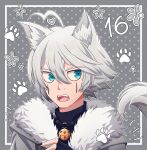  1boy ahoge animal_ear_fluff animal_ears bell black_gloves black_nails blue_eyes cheer_(cheerkitty14) danganronpa_(series) danganronpa_v3:_killing_harmony english_commentary fangs fingerless_gloves fur-trimmed_jacket fur_trim gloves grey_background grey_hair grey_jacket hand_up heart highres jacket jewelry keebo necklace number o-ring open_mouth paw_print paw_print_background polka_dot polka_dot_background portrait short_hair sideways_glance solo tail wolf_boy wolf_ears wolf_tail 