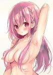  1girl armpit_crease armpit_focus armpits artist_name blush braid breasts collarbone eyebrows_visible_through_hair hair_over_breasts highres hinako_note long_hair march-bunny medium_breasts nipples nude perky_breasts pink_hair red_eyes sakuragi_hinako signature sweat twitter_username white_background 