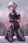  1girl ayanami_rei bangs blue_hair bodysuit breasts building cloud concrete debris evangelion:_3.0+1.0_thrice_upon_a_time eyebrows_visible_through_hair full_body grey_bodysuit hand_on_own_thigh head_tilt headgear highres holding_own_arm interface_headset jojobirdz kneeling long_sleeves looking_away multicolored multicolored_clothes neon_genesis_evangelion number parted_lips pilot_suit plugsuit rebuild_of_evangelion red_eyes red_sky shadow short_hair sky solo zipper 