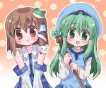  2girls :d bangs blue_dress blue_headwear blue_skirt blush brown_eyes brown_hair closed_mouth collared_shirt cosplay costume_switch cowboy_shot crossover detached_sleeves dress eyebrows_visible_through_hair fortune_summoners frog_hair_ornament gradient gradient_background green_eyes green_hair hair_between_eyes hair_ornament hair_tubes hizukiryou holding holding_staff kochiya_sanae kochiya_sanae_(cosplay) long_hair looking_at_viewer multiple_girls nontraditional_miko open_mouth orange_background sana_poanet sana_poanet_(cosplay) shirt short_hair skirt sleeveless sleeveless_shirt smile snake_hair_ornament staff third-party_source touhou white_shirt white_sleeves 