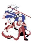  absurdres apron archer_(fate) beads blue_hair bodypaint broom cover cover_page crossdressing cu_chulainn_(fate)_(all) cu_chulainn_(fate/stay_night) doujin_cover dual_wielding fate/stay_night fate_(series) floating_hair frills full_body hair_beads hair_ornament highres holding holding_broom kiriko_(onigiri21) kneeling ladle long_hair maid maid_apron maid_headdress male_focus ponytail red_eyes red_legwear running short_hair spatula spiked_hair thighhighs twitter_username white_background white_hair 