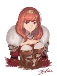  absurdres armor bangs breastplate celica_(fire_emblem) choker circlet earrings eyebrows_visible_through_hair eyeliner fire_emblem fire_emblem_echoes:_shadows_of_valentia fire_emblem_gaiden fur_trim gem gold_armor gold_trim headwear highres jewelry light_smile long_sleeves makeup medium_hair obsession red_eyes red_hair shoulder_armor upper_body 