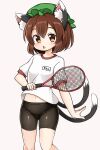  1girl :o animal_ear_fluff animal_ears black_shorts blush breasts brown_eyes brown_hair cat_ears cat_tail chen chestnut_mouth commentary_request feet_out_of_frame grey_background hat holding holding_racket jewelry looking_at_viewer midriff_peek mob_cap multiple_tails navel nekomata racket shirt short_hair short_sleeves shorts simple_background single_earring small_breasts solo suwa_yasai tail touhou two_tails white_shirt 
