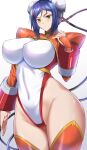  1girl arcana_heart bangs blue_hair blush breasts bun_cover covered_navel double_bun green_eyes highleg highleg_leotard kumakichi_(cost-lost) large_breasts leotard looking_at_viewer mei-fang orange_legwear red_leotard shrug_(clothing) thighhighs thighs two-tone_leotard white_leotard 