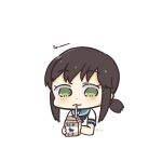  1girl black_hair blue_sailor_collar chibi commentary_request cropped_torso drinking_straw fubuki_(kancolle) green_eyes kantai_collection karin. low_ponytail ponytail sailor_collar school_uniform serafuku short_ponytail sidelocks simple_background sipping solo upper_body white_background 