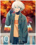  1boy ahoge android autumn autumn_leaves bangs black_pants blue_eyes border cheer_(cheerkitty14) danganronpa_(series) danganronpa_v3:_killing_harmony earphones earphones_removed english_commentary green_jacket grey_hair highres holding holding_phone jacket keebo leaf male_focus maple_leaf number open_clothes open_jacket open_mouth orange_shirt outdoors pants phone plaid plaid_jacket plaid_shirt shirt short_hair sideways_glance sleeves_past_wrists solo tree upper_teeth water white_border 