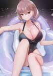  1girl absurdres azur_lane bangs bare_shoulders black_swimsuit breasts cleavage collarbone commentary_request duca_degli_abruzzi_(azur_lane) duca_degli_abruzzi_(lustrous_onyx_sirenetta)_(azur_lane) eyebrows_visible_through_hair feet_out_of_frame hair_between_eyes highres large_breasts legs lim_(ramu) looking_at_viewer medium_hair official_alternate_costume one-piece_swimsuit red_eyes red_hair sitting smile solo swimsuit 