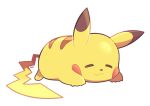  :3 =_= artsy-rc closed_eyes commentary english_commentary gen_1_pokemon highres lying no_humans on_stomach pikachu pokemon pokemon_(creature) simple_background smile solo white_background 