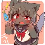  2021 4_fingers ?! anthro blush bodily_fluids bottomwear chest_tuft clothing confusion cute_fangs female fingers fur grey_body grey_fur grey_hair hair japanese_text kemono ne_(nefuraito336) open_mouth pink_background red_eyes red_ribbon school_uniform simple_background skirt solo sweat text tuft uniform young 