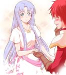  1boy 1girl adol_christin armor blue_eyes blue_hair blush dress embarrassed falcom feena_(ys) gloves holding_hands jewelry long_hair pauldrons pendant red_hair shoulder_armor smile xiacheng_tatsuya ys 