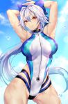  1girl absurdres armpits arms_behind_head arms_up bangs blue_bow blue_sky blue_swimsuit blush bow breasts day fate/grand_order fate_(series) hair_between_eyes hair_bow highleg highleg_swimsuit highres large_breasts long_hair looking_at_viewer nasaniliu one-piece_swimsuit ponytail red_eyes revision silver_hair sky smile swimsuit thighs tomoe_gozen_(fate) tomoe_gozen_(swimsuit_saber)_(fate) two-tone_swimsuit white_swimsuit 